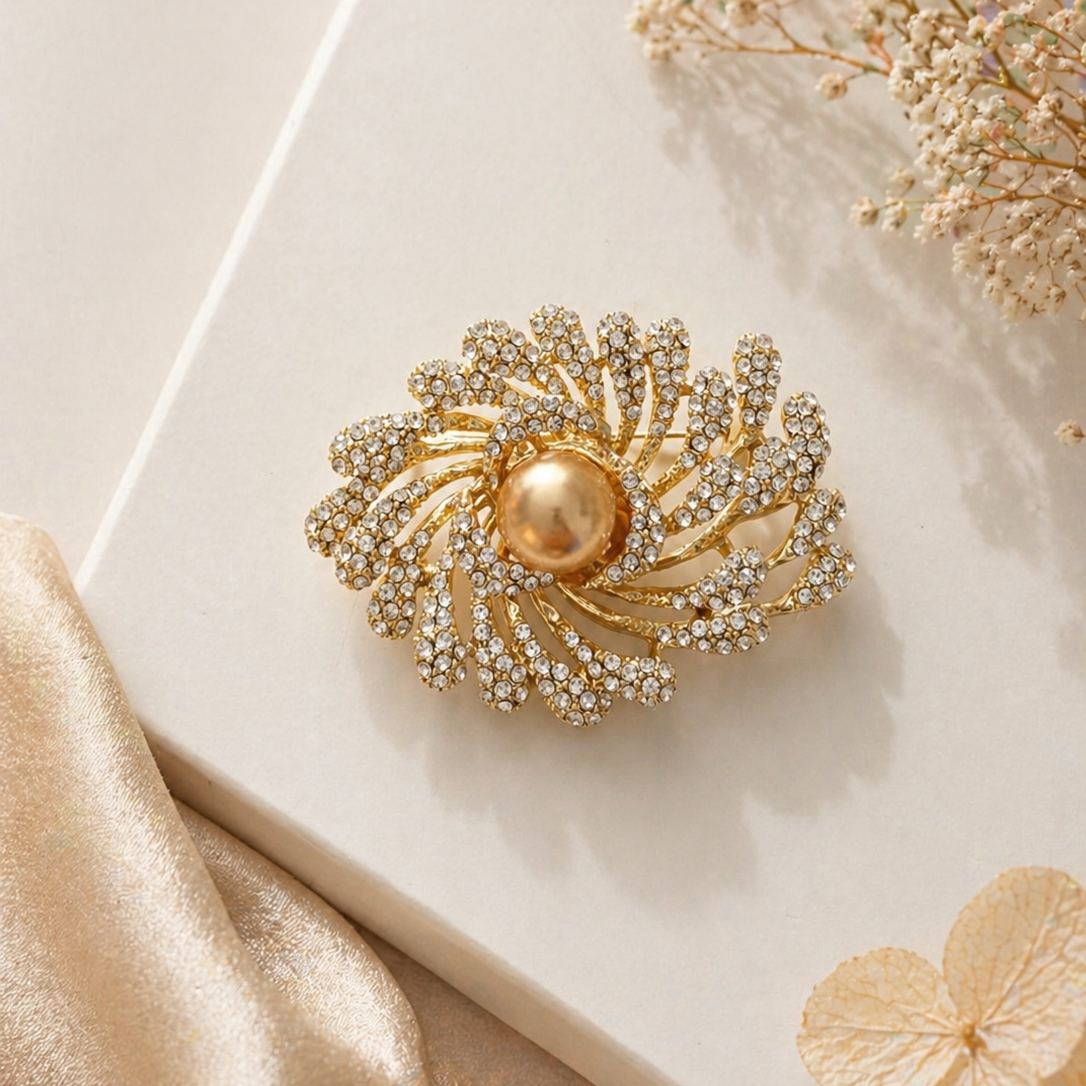 Brož s perlou a kamínky - ZLATÝ KVĚT4